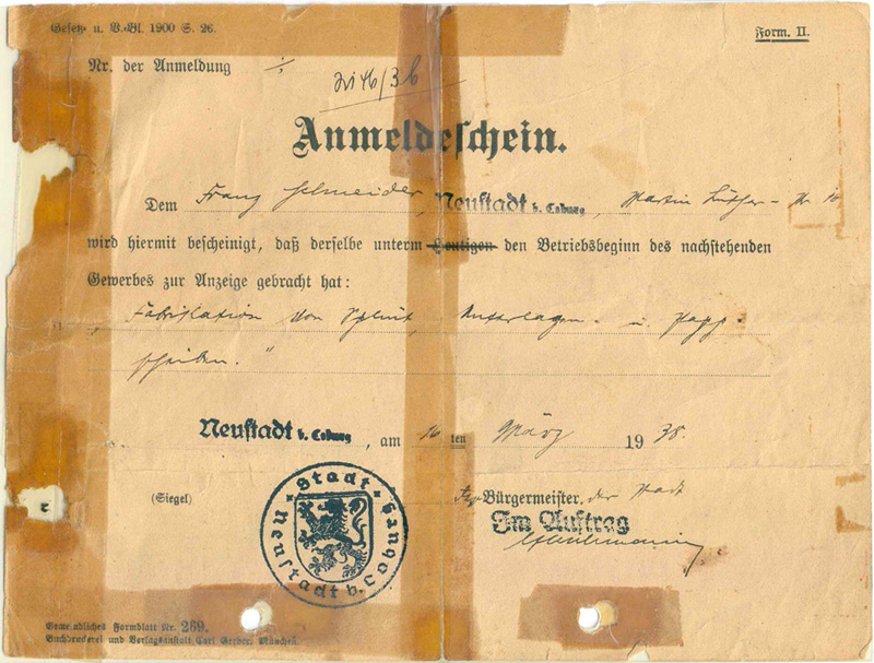 Gewerbeanmeldung in Neustadt bei Coburg, 1938